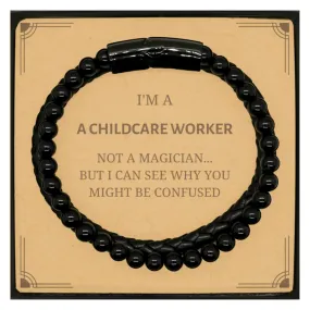 Badass Childcare Worker Gifts, I'm Childcare Worker not a magician, Sarcastic Stone Leather Bracelets for Childcare Worker Birth