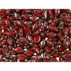 Czech Glass GemDuo, 2-Hole Diamond Shaped Beads 8x5mm, Opaque Red Picasso  (2.5 Tube)