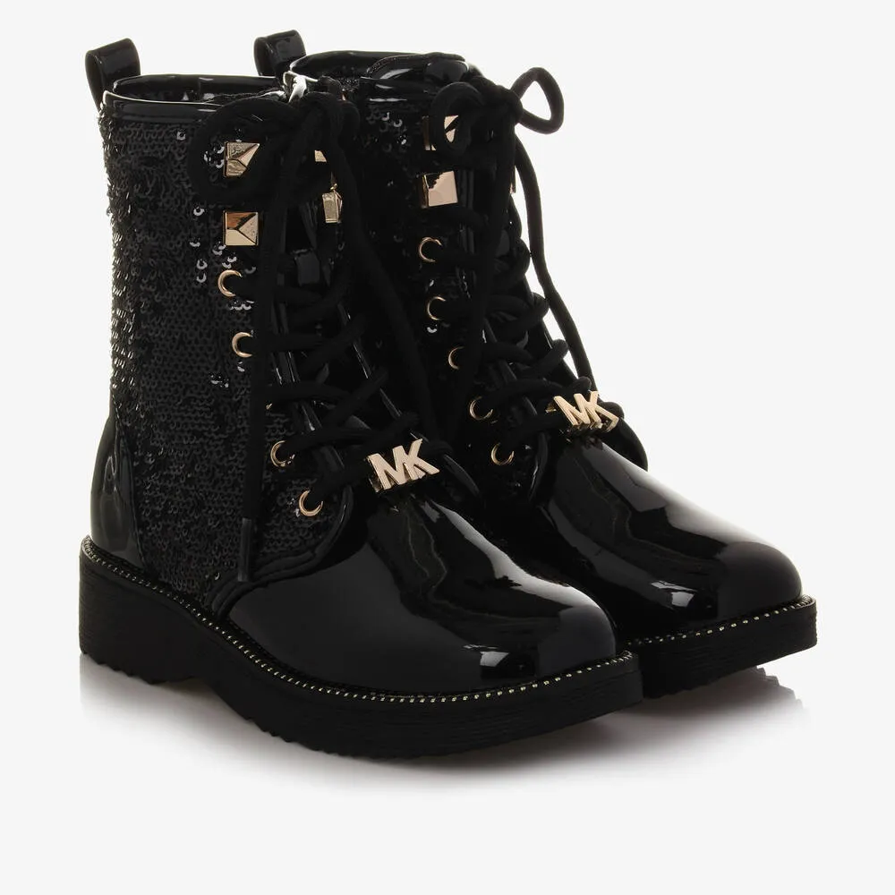 Girls Black Sequin Lace-Up Boots