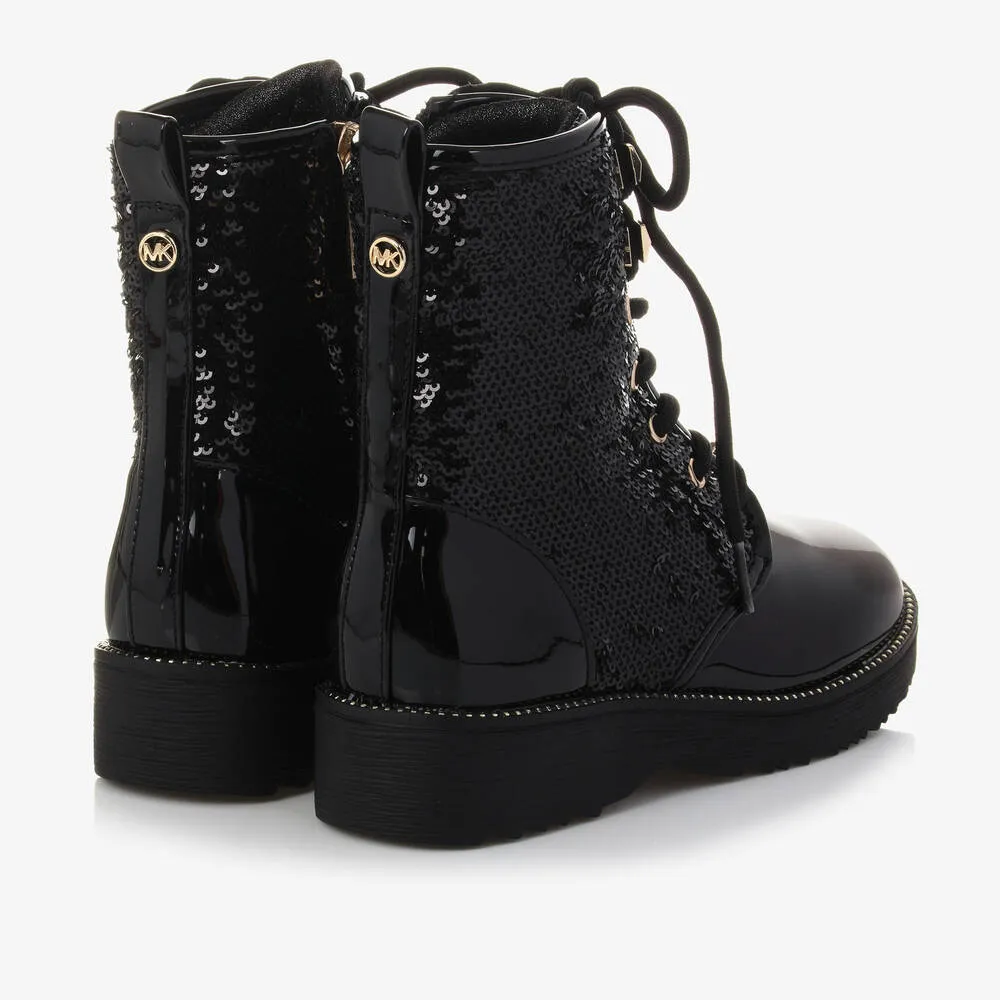 Girls Black Sequin Lace-Up Boots