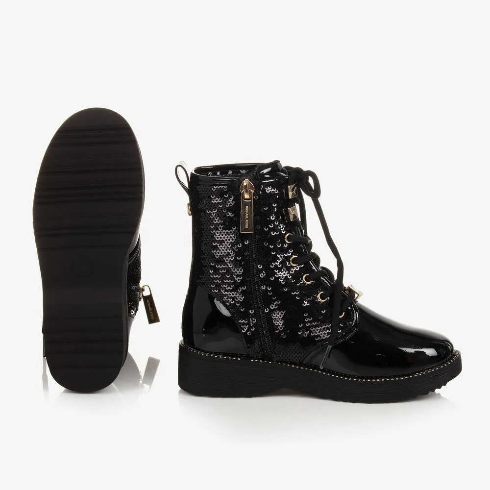 Girls Black Sequin Lace-Up Boots