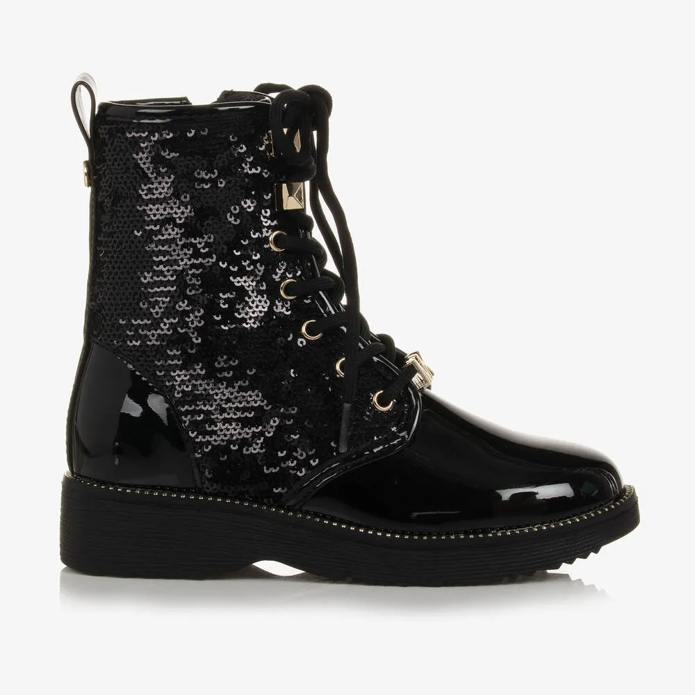 Girls Black Sequin Lace-Up Boots