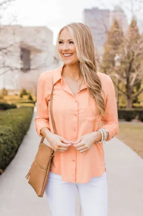 Hearing The Love Button Pocket Top- Cantaloupe