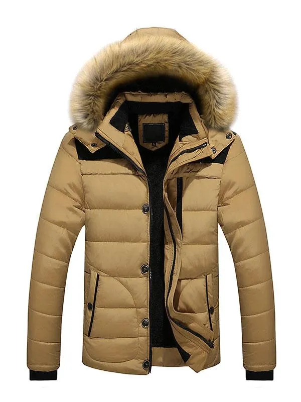 Men Jackets Casual Daily Casual Stand Collar Long Sleeves Fur Hooded Khaki Puffer Coats