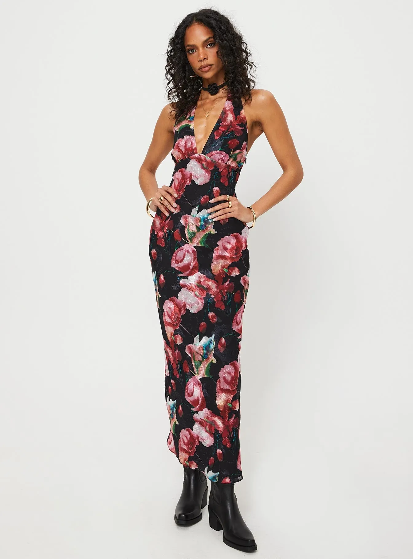 Moulin Halter Maxi Dress Black / Red Floral