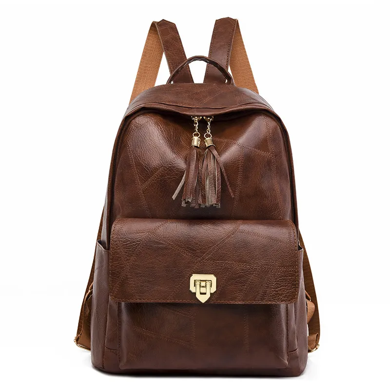 Simple New Retro Ladies Pu Leather Shoulder Bag Versatile Solid Color Large Capacity Tassel Double Zipper Backpacks