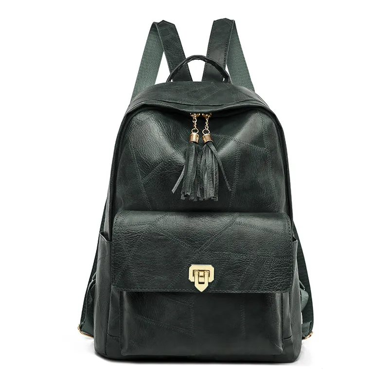 Simple New Retro Ladies Pu Leather Shoulder Bag Versatile Solid Color Large Capacity Tassel Double Zipper Backpacks