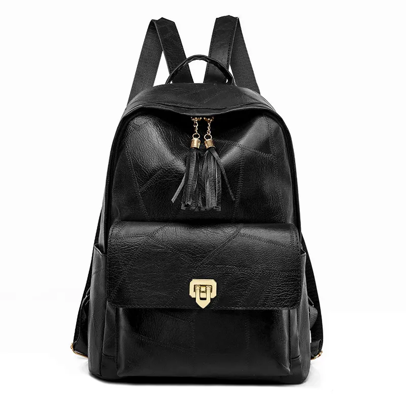 Simple New Retro Ladies Pu Leather Shoulder Bag Versatile Solid Color Large Capacity Tassel Double Zipper Backpacks