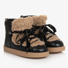 Teen Girls Black Quilted Faux Shearling Boots