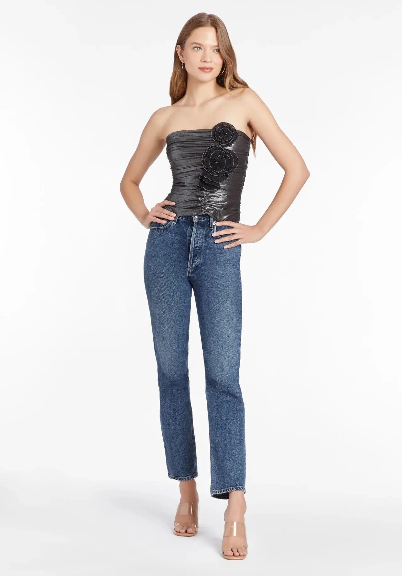 Tenley Metallic Strapless Rosette Top