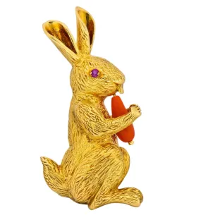 Tiffany & Co. 1970's Vintage Coral Ruby 18 Karat Gold Rabbit Brooch