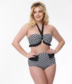 Unique Vintage Black & White Gingham Ruffle Swim Bottom