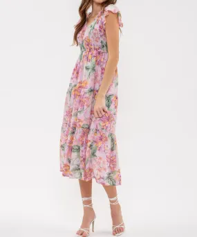 V-Neck Floral Midi Dress - Pink Multi