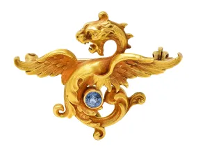 Whiteside Blank Art Nouveau Sapphire 14 Karat Yellow Gold Serpent Dragon Unisex Antique Brooch